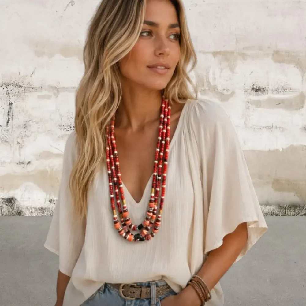 Free People Red Multi Strand Beaded Layered Necklace NWT